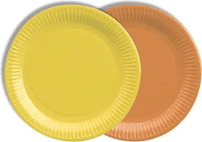 Produktbild von PAPSTAR Papp-Teller rund, Ø 18 cm, farbig sortiert gelb/orange | Schrumpffolie (12 Stück)