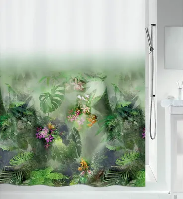 Image de Spirella rideau de douche anti-moisissure - anti-bactérien, lavable, étanche, polyester, "Jungle" 180x200cm blanc vert