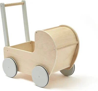 A wooden doll stroller on a white background.