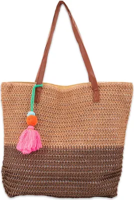 Produktbild von styleBREAKER Damen Bast Strandtasche 45 x 13 x 46 cm mit Reißverschluss | Zweifarbige Korbtasche mit Quaste | Flechttasche mit langen Henkeln für Strand & Shopping