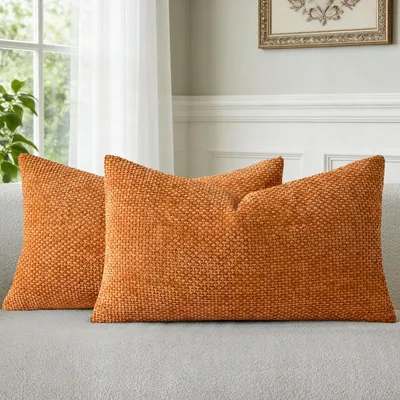 Productafbeelding van Set van 2 kussenhoezen, 30x50 cm, oranje chenille, decoratieve kussens voor bank, woonkamer, slaapkamer