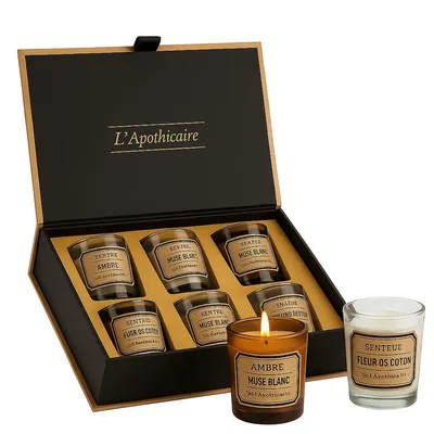 Elegante beige Geschenkbox mit sechs Duftkerzen – Vanille, Rose & Moschus
