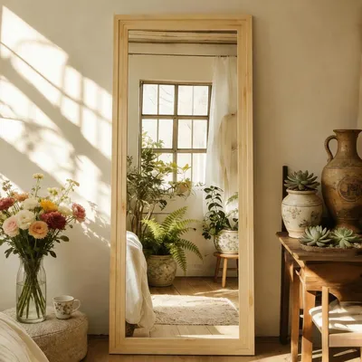 Image de Miroir mural ou sur pied, dimensions 165x56 cm, cadre en bois de couleur naturelle, à poser ou à accrocher