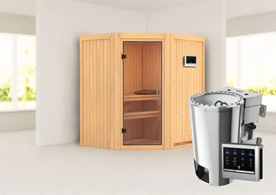 Produktbild von Karibu Sauna Innensauna Tonja Eckeinstieg Ofen 3,6 kW -Ofen externe Strg. easy 170x151x198 cm ohne Dachkranz mit Klarglastür