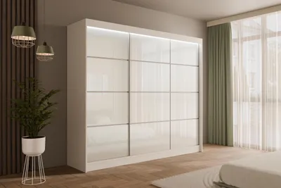Produktbild von ALTDECOR Kleiderschrank mit Lacobel-Schiebetüren, kugelgelagerte Führungsschienen und Aluminium- Leisten, LED-Beleuchtung (weiß + 16 Farben) und Fernbedienung - PEKA3 - 250 cm Weiß  /  Weiß