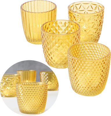 LS-LebenStil 4´er Set Glas Teelichthalter Retro Gelb 7cm Teelichtglas Windlichthalter Kerzenhalter Kerzenglas Kerzenständer für Teelichter