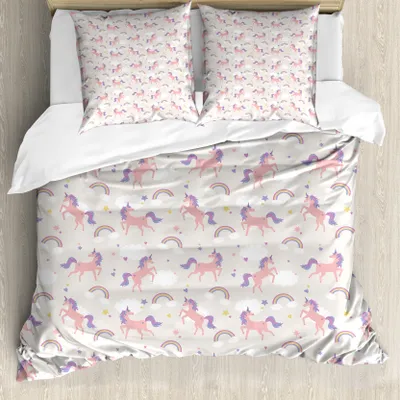 Produktbild von ABAKUHAUS Regenbogen Bettbezug Set für Einzelbetten, Dreamy Unicorn Sterne Wolken, Milbensicher Allergiker geeignet mit Kissenbezug, 155 cm x 220 cm - 80 x 80 cm, Pale Salmon Multicolor