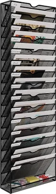 Produktbild von PolkaHome® Wandregal mit 15 Fächern, Zeitschriftenhalter aus Metall, Dokumentenhalter für Büro und Zuhause, Schwarz