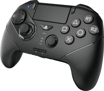 A black game controller is shown from a slightly elevated side angle against a white background.