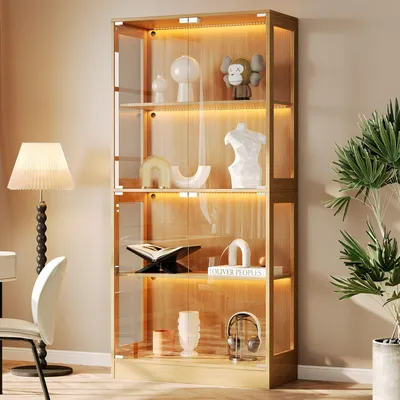 Produktbild von Merax Glastürvitrine Vitrine mit LED-Licht, 4 Tür, Multifunktionaler Vitrinen mit 4 Ebenen, Vitrinenschrank für Wohnzimmer, Arbeitszimmer, Natur