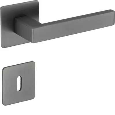 A modern door handle set with a square escutcheon plate and a rectangular handle, shown against a white background.