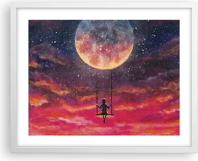 Produktbild von Gerahmtes Poster - Weißer Rahmen - Mond Schaukel Frau - 50x40 cm - Wand Bild - Wanddeko - Wandbilder - Kunstposter - Wandposter - Bilderrahmen - Bilder - Kunstdruck - Wanddekoration - P2WAA50x40-5095