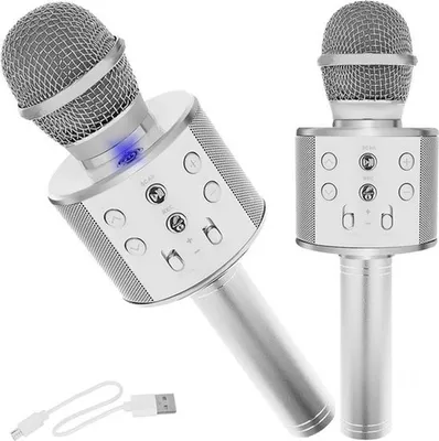 Immagine prodotto di Playos Microfono Karaoke Argento Draadloos Bluetooth con cambiavoce per bambini e adulti, set karaoke portatile