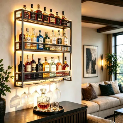 Wand-Weinregal, 3 Ebenen, Metall, LED, Gläserhalter, 100x90x15 cm, schwarz