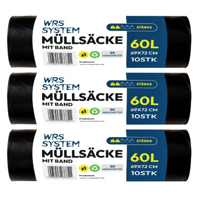 Produktbild von WRS System 3er Set Müllsäcke mit Zugband 60L 3x10 Stk. Hochleistungs-Müllbeutel Mülltüte