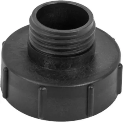 A black plastic adapter fitting with threaded ends.