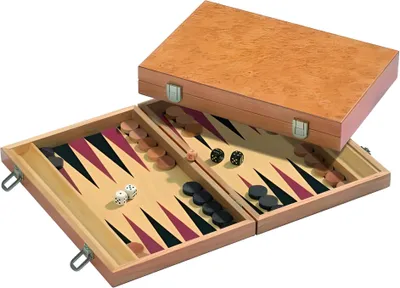 A backgammon set is open and displayed on a white background.