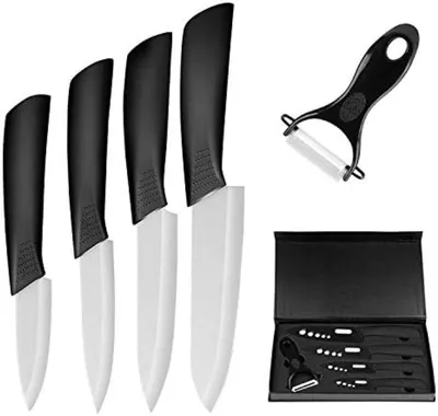 Produktbild von PromoHome® Keramisches Messerset 5-teilig mit Schutzhülle – Scharfe Küchenmesser für Fleisch, Gemüse und Obst – Rutschfeste Griffe – Leicht