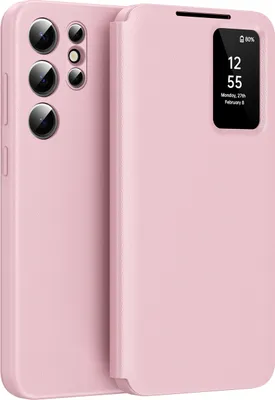 A pink flip case for a smartphone is shown with the cover open, revealing the phone's screen displaying the time and date.