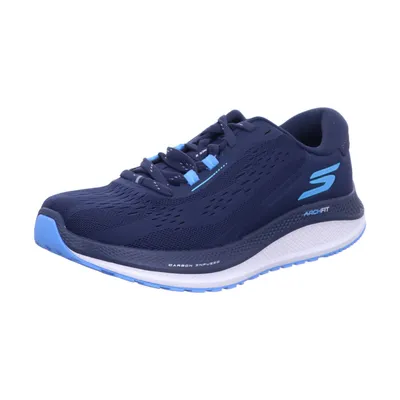 A single blue running shoe on a white background.