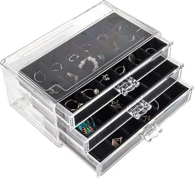 Imagen del producto de Caja de joyería acrílica Unyqoos®: 3 cajones, transparente, con forro de terciopelo, compartimentos extraíbles. Organizador para anillos y pendientes, color