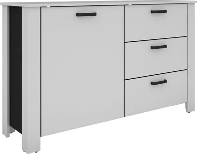 Produktbild von byLIVING Sideboard FARO / Weiß, Absetzung in schwarz / Stollenoptik / 1 Tür und 3 Schubkästen / verstellbare Einlegeböden / viel Stauraum / Kommode / Anrichte / Maße: B 140, H 84, T 40 cm