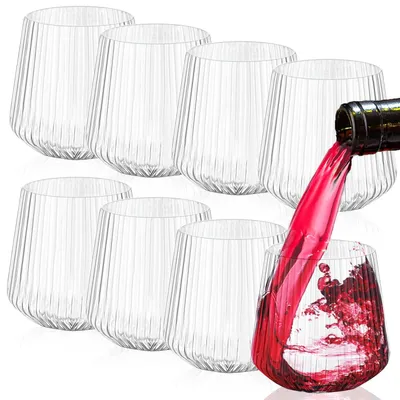 Plastik-Weingläser 8er-Set, 400 ml, stiellos, geriffelt, transparent