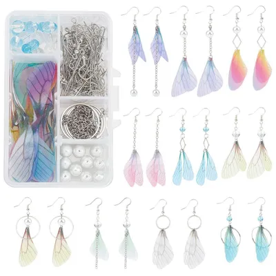 Produktbild von Schmuckherstellungs-Set Stoff-Flügel-Ohrringe 10 Paar Libellen-Schmetterlings-Anhänger mit Glasperlen & Ohrring-Haken
