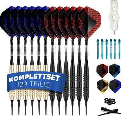 Produktbild von DartPro Dartpfeile mit Kunststoffspitze – 12 Dartpfeile für elektronische Dartscheibe [18g] – Softdarts Set [inkl. 6 Alu Dart Schaft + 21 Dart Flights]