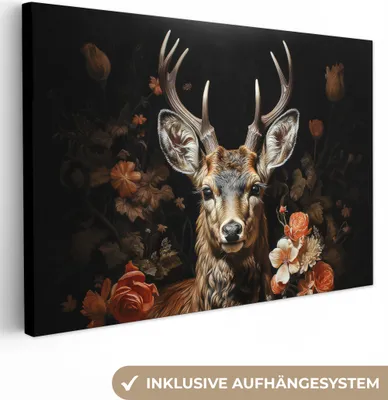 Produktbild von MuchoWow® - Leinwandbilder - Hirsch - Tier - Blumen - Natur - Botanisch, Wandbild, Wanddeko Bilder Wohnzimmer, 30x20 cm