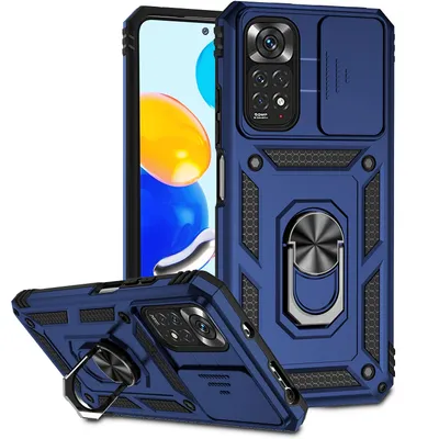 Immagine prodotto di Custodia per Xiaomi Redmi Note 11 / Note 11S a doppio strato con copertura scorrevole della fotocamera e supporto ad anello blu