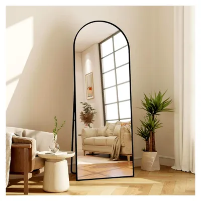 Produktbild von Standspiegel mit gewölbtem Design und schwarzem Rahmen, Größe 164 x 54 cm, freistehend für Schlafzimmer oder Wohnzimmer