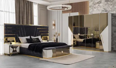 Productafbeelding van Zwarte en witte slaapkamer set: gestoffeerd bed, nachtkastjes, kast