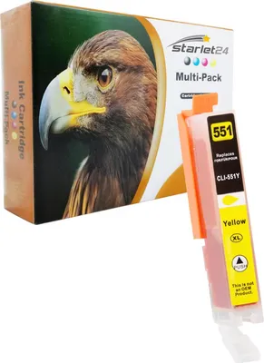 A box of ink cartridges with a close-up of an eagle on the front, and a single yellow ink cartridge in the foreground.