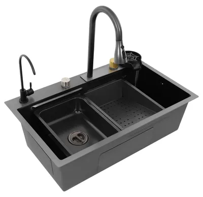 Obrázok produktu pre Kuchynský/barový drez – dosadací drez s jedným drezom – liatina – s batériou – obdĺžnikový – 75 x 45 x 21 cm – 1 otvor – čierny