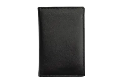 A black leather wallet is shown against a white background.