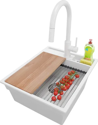 Produktbild von PRIMAGRAN Granitspüle Weiß 43x53cm, Spülbecken 1 Becken + Küchenarmatur 40x20cm + Ablauf-Set + Küchenzubehörset, Küchenspüle ab 45er Unterschrank - Oslo Pocket