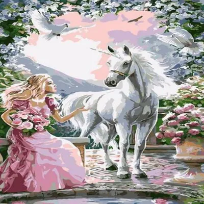 Image de Kit de peinture par numéros : Femme et licorne, dimensions 40x50 cm