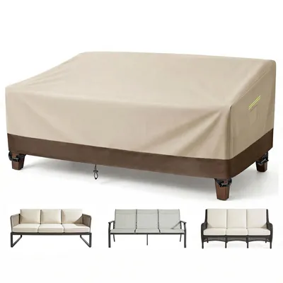 Image de (203 × 96 × 88 cm) Housse imperméable pour canapé de jardin en Oxford 600D, housse de protection pour canapé 2/3 places avec poignées réfléchissantes, aération, fermeture à clic et cordon de serrage, résistante aux déchirures, beige-marron