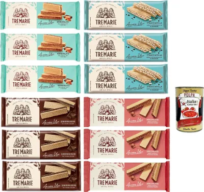 Produktbild von Tre Marie Ancora Uno Testpaket, Wafer Waffeln gefüllt mit Creme und Haselnuss, Stracciatella, Mandel und Gianduia 12x 140g + Italian gourmet polpa 400g