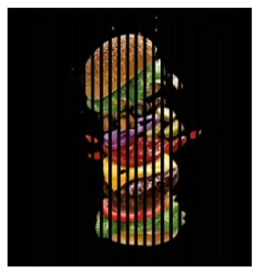Produktbild von Akustikpaneele mit Digitaldruck Burger01 19 x 1133 x 1195 mm Burger MDF PET-Fasern Wandpaneele Grün Gelb Braun Rot Lila 2 Einzelplatten