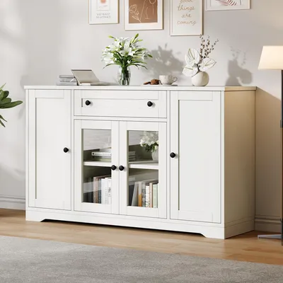 Produktbild von Merax Sideboard mit 4 Türen, Kommode mit 2 Glastüren und 1 Schublade, Aufbewahrungsschrank mit Rundem Griff, Wohnzimmer, Esszimmer, Flur, MDF, Weiß