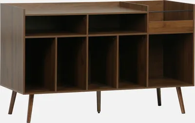 Produktbild von sweeek, Vintage Phonomöbel, 130 cm, dunkle Holzoptik, Spanplatten, mit Kompassfüßen, für Plattenspieler & Schallplatten, 6 Fächer, 2 Nischen