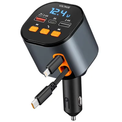 Produktbild von Einziehbares Autoladegerät, 5-in-1-Schnellladegerät für Autotelefone, 90 W, Bluetooth 5.3 FM-Transmitter-Adapter, Freisprecheinrichtung