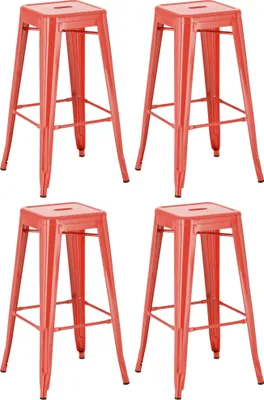 Four red metal bar stools arranged in a two-by-two grid against a white background.