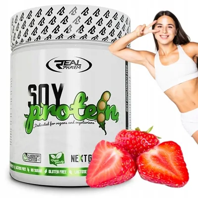 Produktbild von VEGANES SOJAPROTEIN Protein Proteinpräparat Real Pharm SOY PROTEIN 600 g Erdbeere