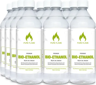 Produktbild von 12 x 1 Liter Bioethanol 96,6% - PURE FLAME Premium Bioethanol für Ethanol Kamine in 1L Flaschen
