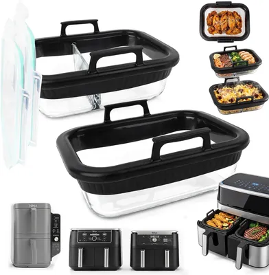 Produktbild von Heißluftfritteuse-Zubehör 2 Stück, Glas-Auflaufform mit Silikon-Griffen, hitzebeständig, für Küche