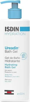 A product shot of a bottle of ISDIN Ureadin Bath Gel.