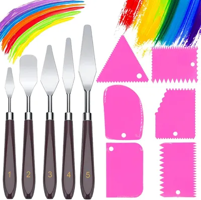 Imagen del producto de Juego de cuchillos y espátulas para paletas, de 11 piezas, que incluye 5 cuchillos de acero inoxidable y 6 espátulas de plástico, ideal para pintura